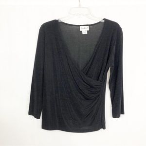Claudia Richard Faux Wrap 3/4 Sleeve Dress Top, Size Medium, Black
